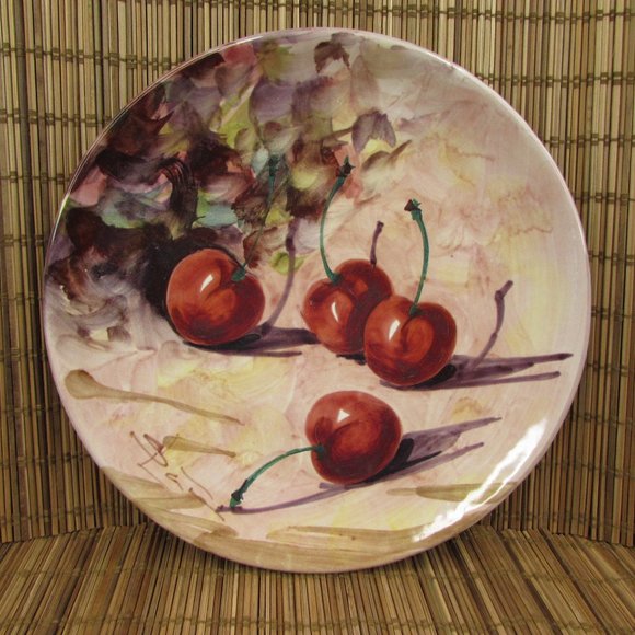 Vintage Peasant Village Italian Pottery Hand Painted Fruit Cherries 8.25" Plate - Picture 1 of 10